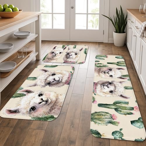 Lama-Küchenmatten für Boden, niedliches Alpaka-Kaktus-Muster, weiche Matten, gepolstert, bequem, waschbar, rutschfest, Dekor-Teppiche für Küche, Waschbecken, Waschküche, Badezimmer, 3 Stück Lama-Küchenmatten für Boden, niedliches Alpaka-Kaktus-Muster, weiche Matten, gepolstert, bequem, waschbar, rutschfest, Dekor-Teppiche für Küche, Waschbecken, Waschküche, Badezimmer, 3 Stück von Generic