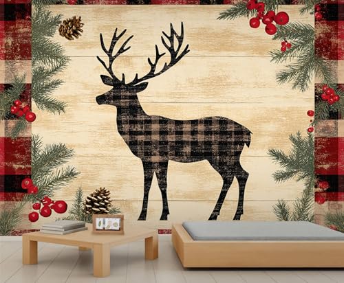 Landhaus Tapete mit Hirschmotiv Buffalo Plaid Tapete für Schlafzimmer Rustikale Weihnachts Wandbilder für Wohnzimmer Helle Holzplankenstruktur Wandbild Poster Wandbild für Wohnzimmer Schlafzimmer Landhaus Tapete mit Hirschmotiv Buffalo Plaid Tapete für Schlafzimmer Rustikale Weihnachts Wandbilder für Wohnzimmer Helle Holzplankenstruktur Wandbild Poster Wandbild für Wohnzimmer Schlafzimmer von Generic