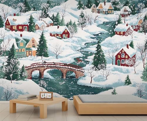 Landschafts Tapete Winter Schneedorf Cottage Wandbilder für Wohnzimmer Baumtapete für Schlafzimmer Rote Steinbrücke Wandpapier Wandbild Schlafzimmer Gemälde Poster 490X350cm von Generic