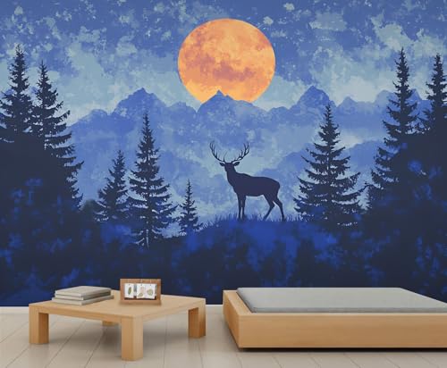 Landschafts Tapeten Wald Bergkiefer Tapeten Wandbilder für Wände Mond Mädchen Tapete Hirsch Wohnzimmer Tapete für Schlafzimmer Kunstgemälde Wandbild 150X105cm von Generic