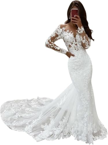 Langarm Meerjungfrau Brautkleid Zivilamt Brautkleider Tüll Brautkleider Mit Schleppe, White, 40 Langarm Meerjungfrau Brautkleid Zivilamt Brautkleider Tüll Brautkleider Mit Schleppe, White, 40 von Generic