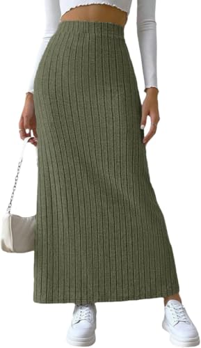 Langer Damenrock Midiröcke Hohe Taille Stretch Gerippter Strick Mit Schlitzsaum Midi-Bleistiftrock, Green, 4XL von Generic
