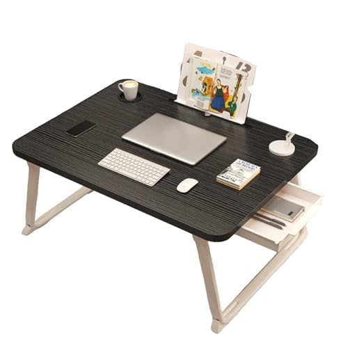 Laptoptisch, Faltbarer Laptop-Betttisch, Laptop-Schreibtisch mit Getränkehalter und seitlicher Schublade, Laptop-Betttablett mit Beinen for Arbeiten/Lesen auf dem Sofa(Black,70 * 40 * 28cm) von Generic