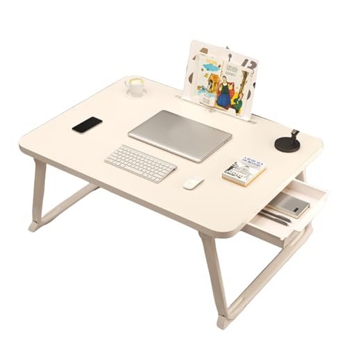 Laptoptisch, Faltbarer Laptop-Betttisch, Laptop-Schreibtisch mit Getränkehalter und seitlicher Schublade, Laptop-Betttablett mit Beinen for Arbeiten/Lesen auf dem Sofa(White,60 * 40 * 28cm) von Generic