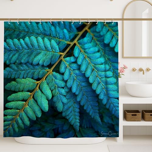Leafy Fern Duschvorhang, lebendiges blaugrünes botanisches Dekor, Frühlingssommer, von der Natur inspiriertes Badezimmer-Set, moderner tropischer Stil mit Haken, 183 x 213 cm von Generic