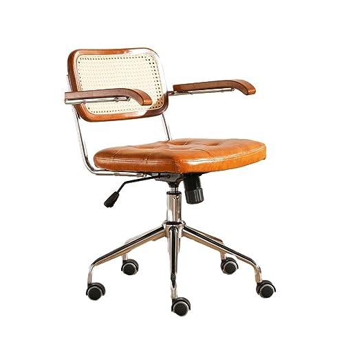 Leder Schreibtischstuhl mit Rattanlehne moderner Home Bürostuhl gepolstert gesteppter Drehstuhl höhenverstellbarer Computerstuhl für Schlafzimmer Wohnzimmer (Farbe: Gelb, von Generic