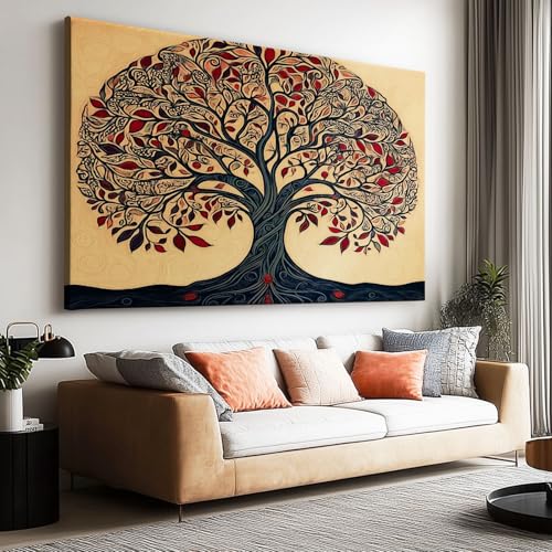 Leinwand Bilder Wandbilder Wohnzimmer, Badezimmer Bilder 90x60 cm Wirbelnde Blätter Stil Lebensbaum Vlies Leinwand Gemälde Wandgemälde Zimmer Deko auf Wand Dekoration Geschenk Wall Art von Generic