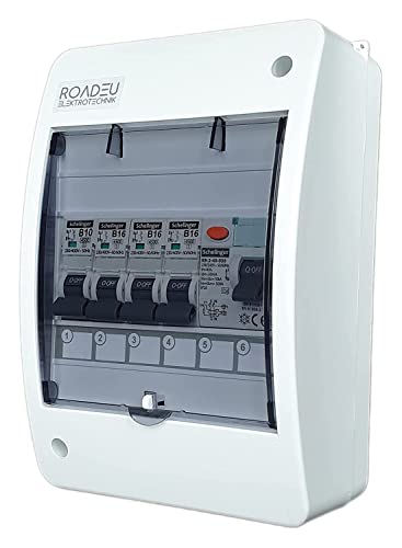 RoadEu - Leitungsschutzschalter - Stromverteiler 230V mit Fi Schutzschalter - Sicherungsautomat "B" 16A und 10A in einem Verteilerkasten Aufputz von RoadEu