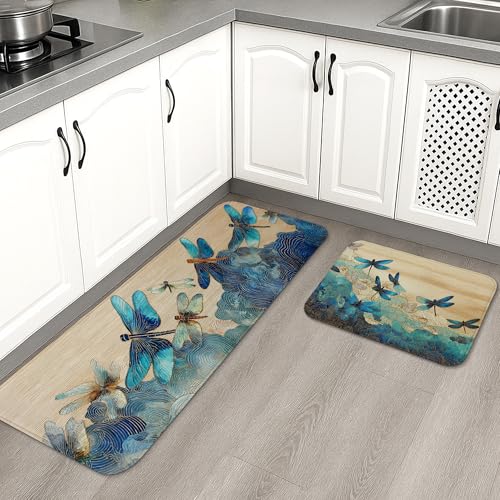Libellen-Küchenmatten für den Boden, elegante Natur-Matten aus Memory-Schaum, gepolstert, bequem, waschbar, rutschfest, Dekor-Teppiche für Küche, Waschbecken, Waschküche, Badezimmer, 2 Stück Libellen-Küchenmatten für den Boden, elegante Natur-Matten aus Memory-Schaum, gepolstert, bequem, waschbar, rutschfest, Dekor-Teppiche für Küche, Waschbecken, Waschküche, Badezimmer, 2 Stück von Generic