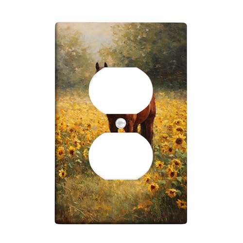 Lichtschalter-Abdeckplatte/Steckdosenabdeckungen, Sonnenblumen-Pferd, rustikales braunes Pferd im Feld, Thermoplastische Wandplatten, Standardgröße, Einzel-Duplex-Steckdose von Generic