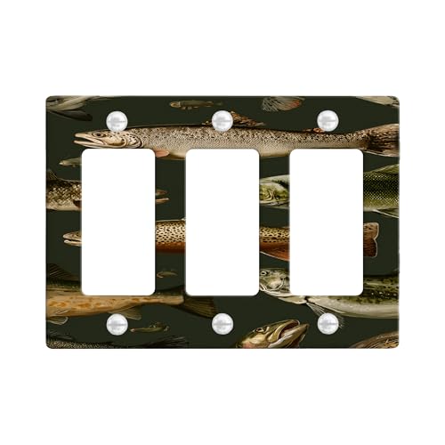 Lichtschalter-Abdeckplatte mit Forellenmuster, dunkelgrün, Vintage-Stil, Fisch-Dekor für Heimakzente, thermoplastische Wandplatten, Standardgröße 3-Gang-Wandplatte von Generic