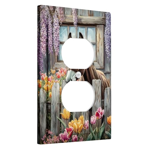 Lichtschalter-Abdeckplatte mit Frühlingsblumen, rustikales braunes Pferd-Design für Heimdekoration, thermoplastische Wandplatten, Standardgröße, Einzel-Duplex-Steckdose Lichtschalter-Abdeckplatte mit Frühlingsblumen, rustikales braunes Pferd-Design für Heimdekoration, thermoplastische Wandplatten, Standardgröße, Einzel-Duplex-Steckdose von Generic