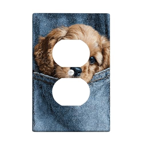Lichtschalter-Abdeckplatte mit niedlichem Welpe, brauner Hund im Denim-Taschen-Design, perfekt für Tierliebhaber, thermoplastische Wandplatten, Standardgröße, Einzel-Duplex-Steckdose von Generic