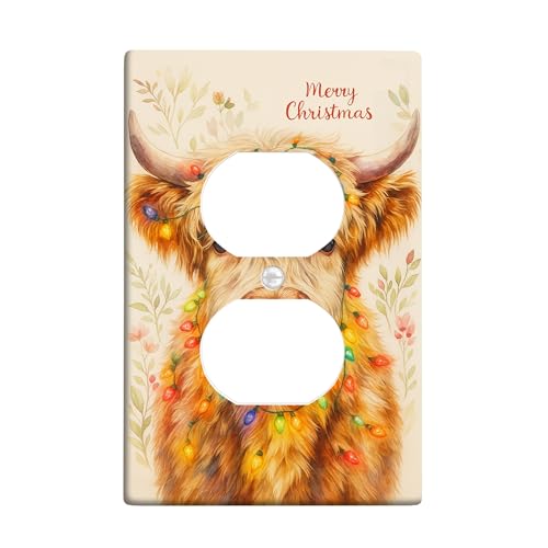 Lichtschalter-Abdeckplatte mit weihnachtlichem Hochlandkuh, festliche Feiertagsdekoration mit bunten Lichtern, thermoplastische Wandplatten, Standardgröße, Einzel-Duplex-Steckdose Lichtschalter-Abdeckplatte mit weihnachtlichem Hochlandkuh, festliche Feiertagsdekoration mit bunten Lichtern, thermoplastische Wandplatten, Standardgröße, Einzel-Duplex-Steckdose von Generic