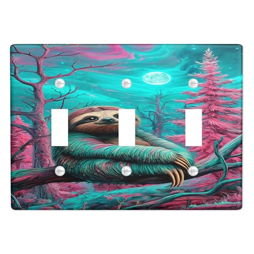 Lichtschalter-Abdeckplatten/Steckdosenabdeckungen, Faultier-Design, Blaugrün und Pfirsichwald, für Raumdekoration, Wandplatten, Standardgröße, Dreifach-Kippschalter von Generic