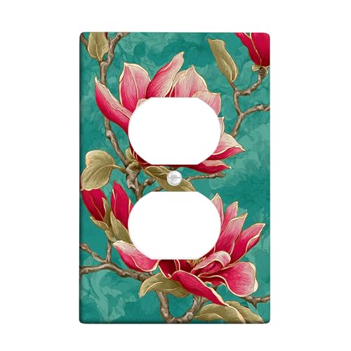 Lichtschalter-Abdeckplatten für Frühlingsblumen, Pfirsich-Magnolien-Blumen auf blaugrünem Hintergrund, thermoplastische Wandplatten, Standardgröße, Einzel-Duplex-Steckdose von Generic