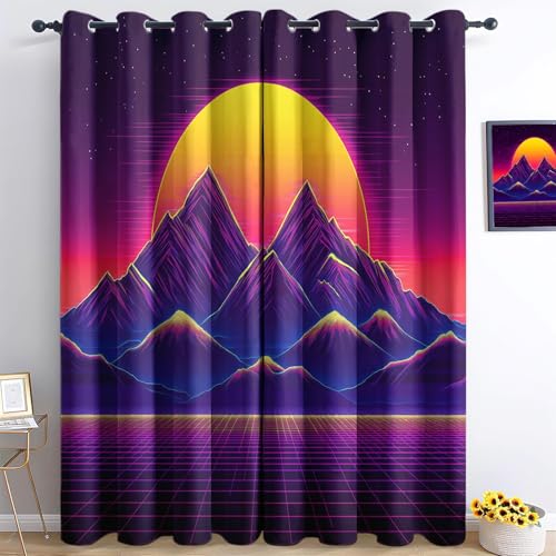 Lila Blickdichte Gardinen Verdunkelungsvorhang Retro Neon Gitter Berge Muster herbstliche dekorative vorhänge H140 x B55 cm (2er Pack) mit Ösen für Schlafzimmer Geräuschreduzierung Gardinen von Generic