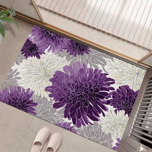 Lila Chrysantheme Schmutzfangmatte Innen 40 X 60 cm, Blumen Pflanzen Fußmatte Innen, rutschfeste Fußmatte Waschbar, Eingangsteppich, Sauberlaufmatte Saugstarke,Türmatte Für Eingang (Grau) von Generic