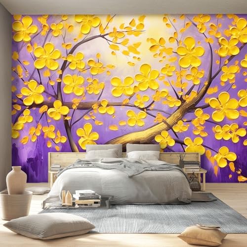 Lila Hintergrund Fototapete 400 x 280 cm Pflanzen Ölgemälde Gelbe Blumen Zweige Thema Wandbild Wohnzimmer Schlafzimmer Wandtapete, Vlies Tapete UV-Beständig Geruchsfrei Montagefertig von Generic
