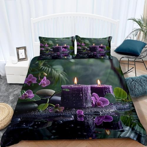 Lila Kerzen Bettwäsche 155x220 Kinder Orchideen Bettbezug 3D Weiche Mikrofaser 3 Teilig Bettwäsche-Sets mit Reißverschluss und 2 Kissenbezüge 80x80 cm C.706 von Generic