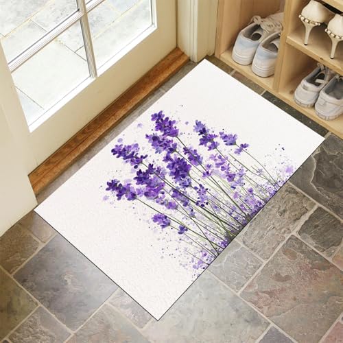 Lila Lavendel Fußmatte Schmutzfangmatte Innen 45 X 75 cm rutschfeste Waschbar Fussmatte, Sauberlaufmatte Teppich Für Eingangsbereich, Haustür, Flur, Porch - Weiß Aquarellblumen von Generic