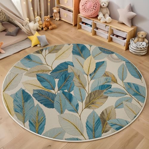 Linie Verlässt Teppich Rund 100 cm Einfache Pflanzen rutschfest Teppiche Wohnzimmer Runder Waschbar Teppiche Kurzflor Weich Runder Teppich Blaugrau for Wohnzimmer Schlafzimmer Studie Heimbüro von Generic