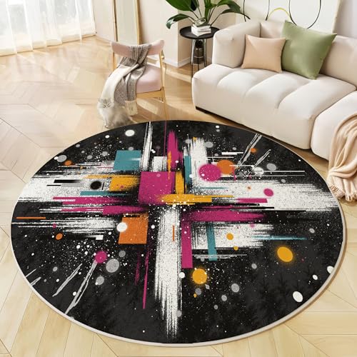 Linien-Graffiti Teppich Rund 240 cm Abstrakter Kunststil rutschfest Teppiche Wohnzimmer Runder Waschbar Teppiche Kurzflor Weich Runder Teppich Gemischte Farben for Wohnzimmer Studie Heimbüro Linien-Graffiti Teppich Rund 240 cm Abstrakter Kunststil rutschfest Teppiche Wohnzimmer Runder Waschbar Teppiche Kurzflor Weich Runder Teppich Gemischte Farben for Wohnzimmer Studie Heimbüro von Generic