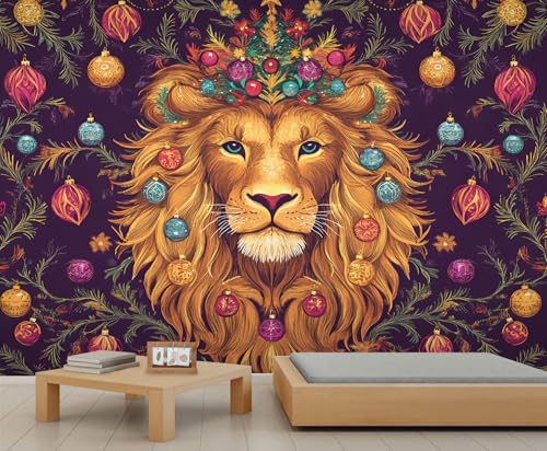 Löwen Tapete Weihnachten Mädchenzimmer Tapete Bunte Weihnachtskugeln Wandbild Grüne Tannenzweige Tapeten für Wohnzimmer Schlafzimmer Wandbild Poster 490X350cm von Generic