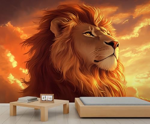 Löwen Wandbild Orangefarbener Himmel Wandtapete Sonnenuntergangslandschaft Tapete Mit Tierdruck Wandpapier für Schlafzimmer Wohnzimmer Poster 490 X 350 cm von Generic