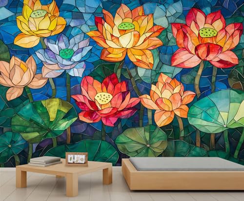 Lotusblumen Wandbild Buntglasfenster Kunsttapete Lotusblätter Wandtapete Bunte Naturtapete für Schlafzimmer Wohnzimmer Poster 490 X 350 cm Lotusblumen Wandbild Buntglasfenster Kunsttapete Lotusblätter Wandtapete Bunte Naturtapete für Schlafzimmer Wohnzimmer Poster 490 X 350 cm von Generic
