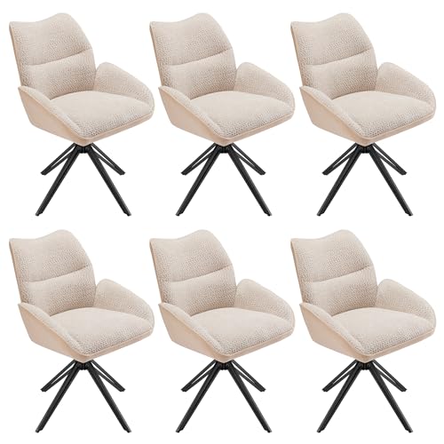 Lounge Sessel 360° Drehbar Breites Kissen Eisengestell Polsterstuhl für Küche Esszimmer Wohnzimmer Büro Arbeitszimmer Armlehnstuhl bis 150 kg Belastbar Freizeitstuhl 6er Set Beige von Generic