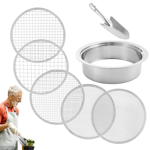 Lumper Sifter für Gartenarbeit Kompostsifter | Bod Seh Edelstahl mit 5 austauschbaren Netzwerkbildschirmen | Gartenfenster Sieb und Schaufel 1/3/6/19/12 mm Stapelbar Pfanne Sandsieb 8 THT Durchmesser von Generic