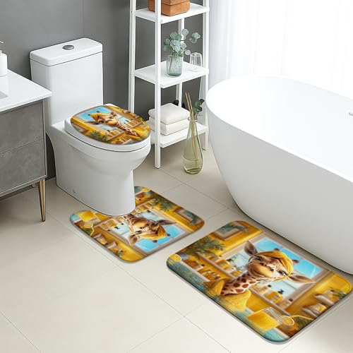 Lustiges Giraffen-Badematten-Set, 3-teilig, verspielter Cartoon-Tier-Stil, weich, rutschfest, WC-Vorleger, waschbar, Sommerdekoration, Memory-Schaum, Badezimmerteppich-Set von Generic