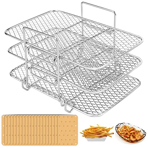 M Air Fryer Rack mit 50 Liners Blättern 3 geschichtete Edelstahl -Quadratluft Fritteuchsenrost rostfeste Waschantriebsluft Fritteuse Dehydrator Rack Air Fryer Rack Zubehör kompatibel mit Ninja Ai von Generic