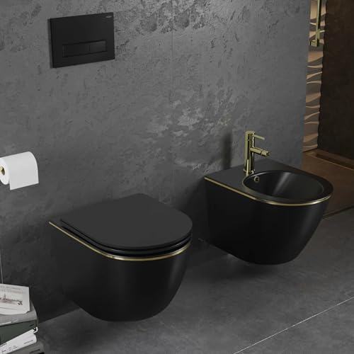 MEXEN Lena Golden | WC-Schüssel Randlos mit Dichtungsmatte GRATIS für Toilette | Slim Sitz und Absenk-Automatik, duroplast (Schwarz matt/gold linien) von Generic