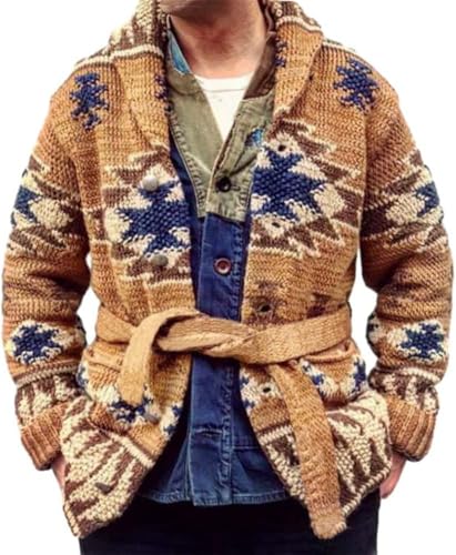 Männer Traditionelle Strickjacke Mode Jacquard Kapuzenjacke Slim Fit Schnürung Männer Strickjacke Herbst Casual Langarm Jacke Männer Übergang Gestrickt, A-Brown, M von Generic