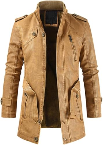Männer Winter Dickes Fleece Lederjacke Mantel Lange Oberbekleidung Warme Vintage-Kleidung Steampunk Biker, Light Brown, M von Generic