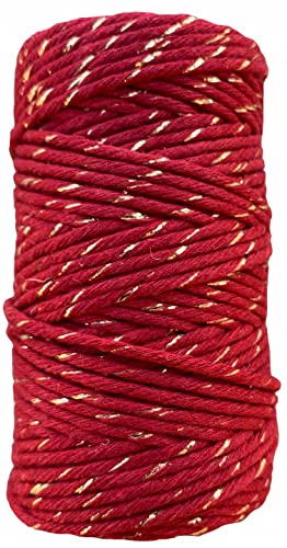 Makramee Garn. Baumwollgarn Kordel. 100% Natur Baumwoll-Kordel. Gold- oder Silberfaden. Perfekt für Basteln, DIY, Handwerk & Stricken. 100% Natur Baumwollgarn, Dicke Macrame (Rotwein Gold, 60m/2mm) von Generic