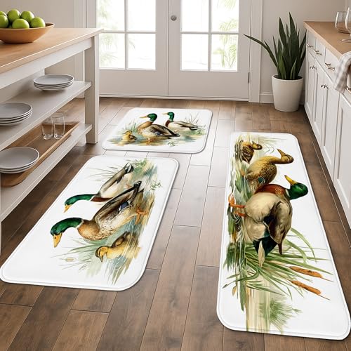 Mallard Duck Küchenmatten für Boden, Natur, Vintage-Illustration, Memory-Schaum-Matten, gepolstert, bequem, waschbar, rutschfest, Dekor-Teppiche für Küche, Waschbecken, Waschküche, Badezimmer, 3 Stück Mallard Duck Küchenmatten für Boden, Natur, Vintage-Illustration, Memory-Schaum-Matten, gepolstert, bequem, waschbar, rutschfest, Dekor-Teppiche für Küche, Waschbecken, Waschküche, Badezimmer, 3 Stück von Generic