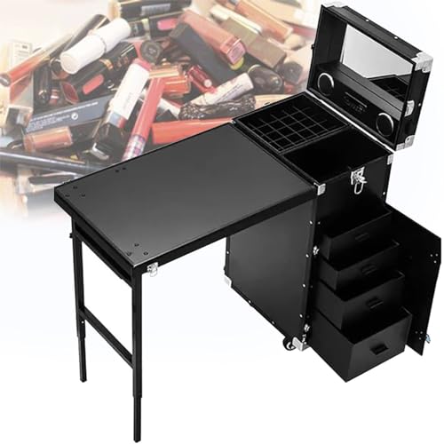 Manicure Table Station Foldable Nail with Bluetooth,Led Light,and Mirror-Rolling and Lockable Cosmetic Vanity Case(Black) von Generic
