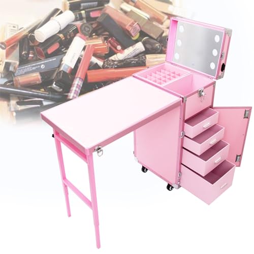 Manicure Table Station Foldable Nail with Bluetooth,Led Light,and Mirror-Rolling and Lockable Cosmetic Vanity Case(Pink) von Generic