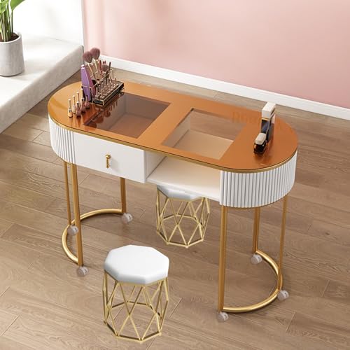 Manicure Table Station Modern Nail Tech with Drawers and Shelves Professional Wooden Nail Desk Workfor Salon Spa Locking Castors and Glass Top for Beauty Artists von Generic