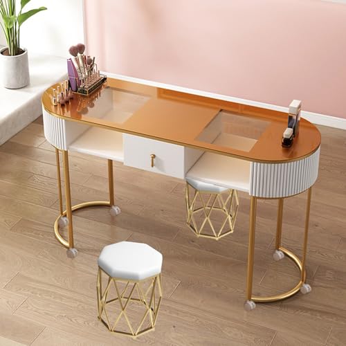Manicure Table Station Modern Nail Tech with Drawers and Shelves Professional Wooden Nail Desk for Beauty Salon Spa Locking Castors and Glass Top von Generic