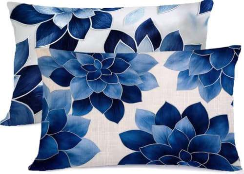 Marineblau Kissenbezug 50 x 80 Weiß Kissen 50x80, Leinen KopfKissenbezug 2er Set Kissenbezüge mit Reißverschluss, Zierkissenbezüge Seitenschläferkissen Bezug Dekokissen, für Deko Wohnzimmer R-276 von Generic