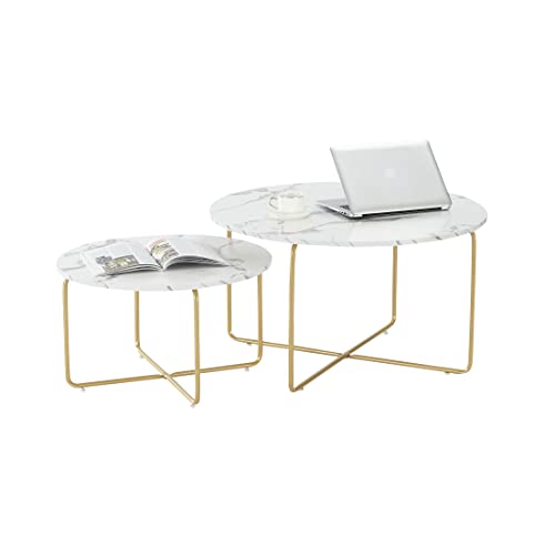 Marmor Couchtisch 2er Set, Beistelltisch Gold Kaffeetische Set, Weiß Wohnzimmertische Rund Sofatische Beistelltische, Leicht zu montieren, 2 Stücke von Generic