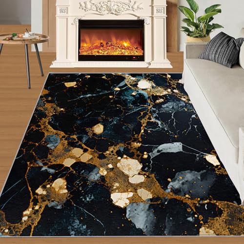 Marmor Teppich Moderner Stil Schlafzimmerteppiche Schwarzgold 120x170 Rug Marmor Vorleger Maschinenwaschbarer Rutschfester Teppich Für Stark Frequentierte Bereiche von BEQUTIY