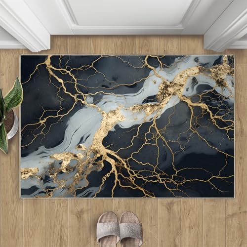 Marmor Teppich Schwarzgold Kleine Teppiche Moderner Stil Gold-Kunst-Textur 50x80 Rug Marmor Vorleger Maschinenwaschbarer Rutschfester Teppich Für Stark Frequentierte Bereiche von BEQUTIY