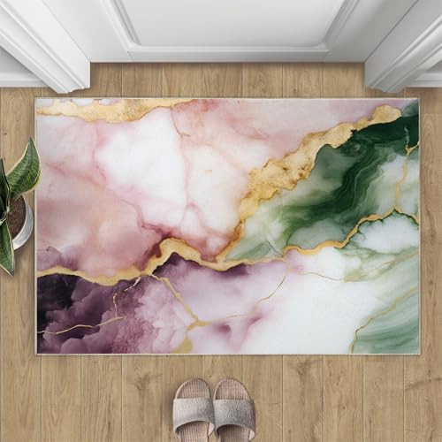 Marmorstruktur Teppich Helle Luxus-Goldstreifen Rosa Kleine Teppiche Moderner Stil Rosa-Lila-Grün 50x80 Rug Marmor Vorleger Maschinenwaschbarer Rutschfester Teppich Für Stark Frequentierte Bereiche von BEQUTIY