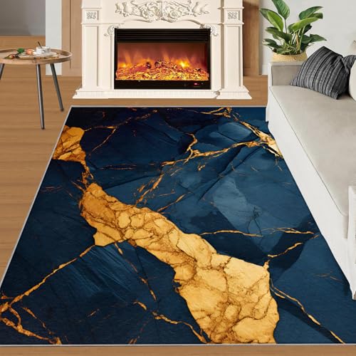 Marmorstruktur Teppich Helle Luxus-Goldstruktur Schlafzimmerteppiche Moderner Stil Blau 80x150 Rug Marmor Vorleger Maschinenwaschbarer Rutschfester Teppich Für Stark Frequentierte Bereiche von BEQUTIY
