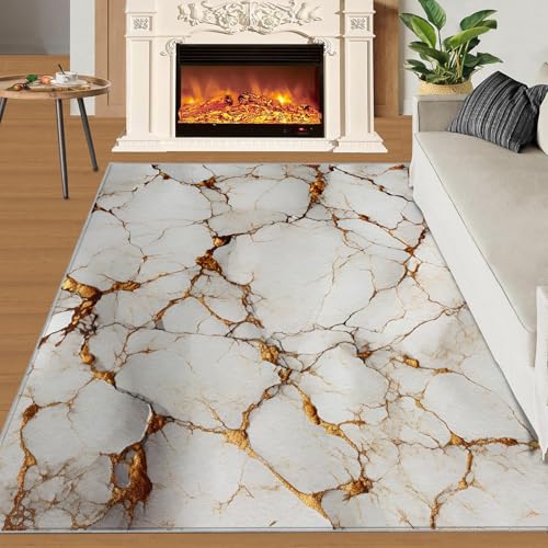 Marmorstruktur Teppich Retro Helle Luxus-Goldrisse Wohnzimmerteppiche Moderner Stil Abstrakt Goldstruktur 180x270 Rug Marmor Vorleger Rutschfester Teppich Für Stark Frequentierte Bereiche von BEQUTIY